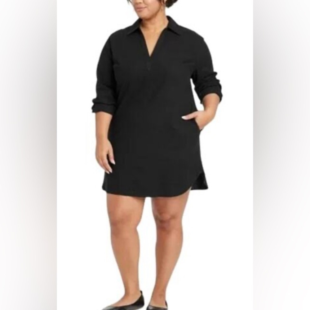 NWT Universal Thread Black V-neck Linen Blend Shirt Dress w/ Pockets -Oversized